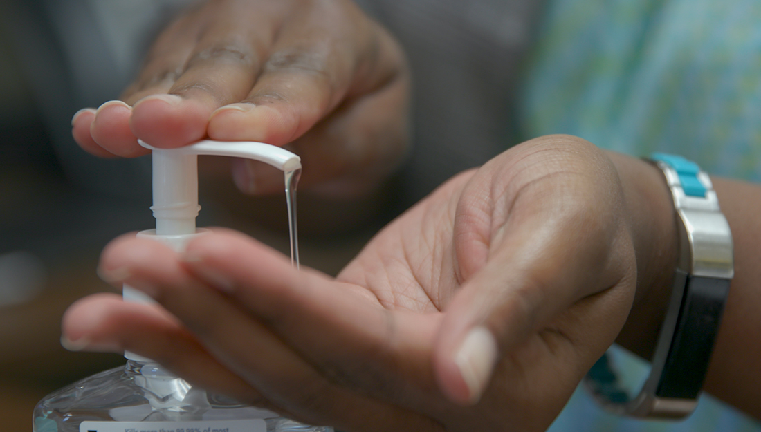 sanitising hands