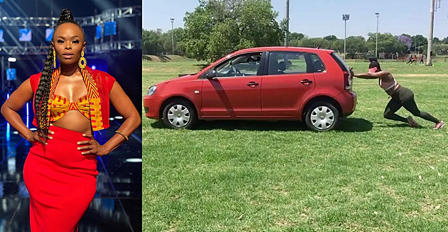SA Idols judge Unathi pushing a car all by herself