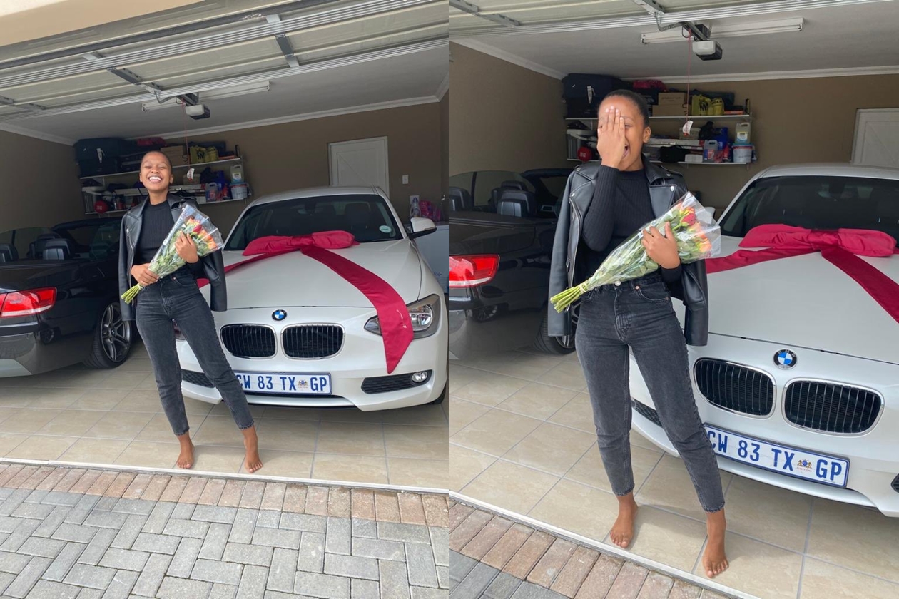 woman surprised by boyfriend with a new car