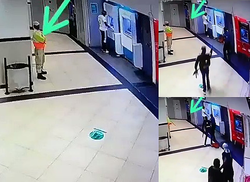 Security Guard hides from heavily armed robbers at ATM