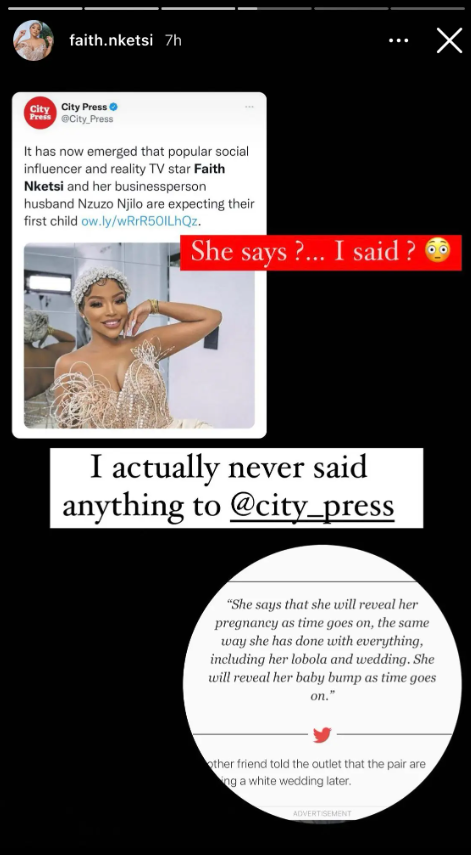 Faith Nketsi dismissing rumours of being pregnancy as well as talking to City Press journo