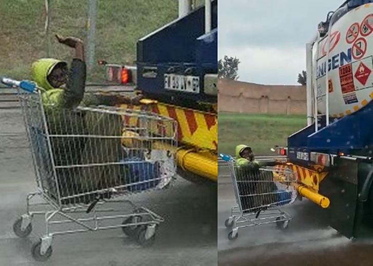 This VIDEO of SA man sitting in a supermarket trolley while holding on to a speeding truck goes viral