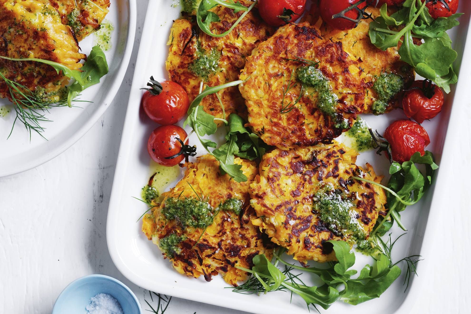 Pumpkin fritters with roasted tomatoes