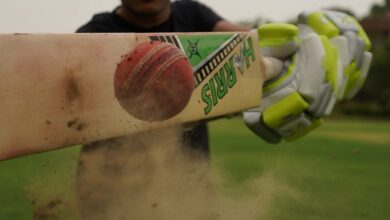 Player hits a cricket ball