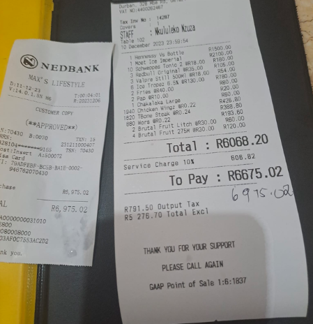 Guy spends close to R7 000 at Durban restaurant & generously tips waiter